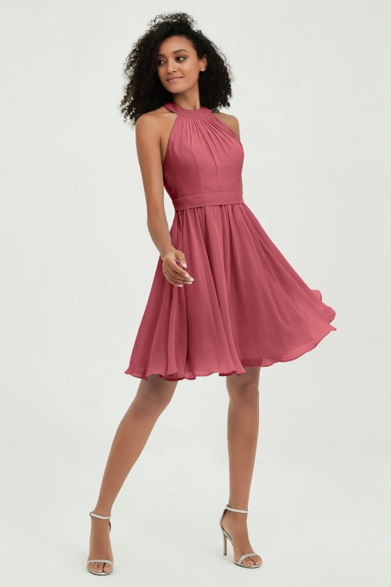 A-line Halter Backless Chiffon Mini Bridesmaid Dress