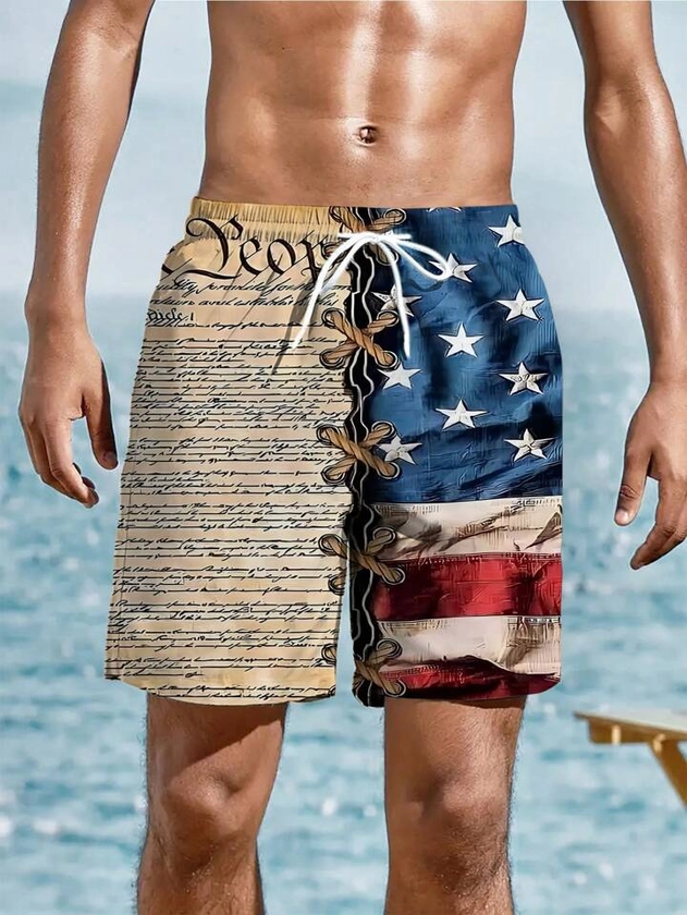 Men's 3D USA Flag Printed Drawstring Elastic Waist Loose Beach Shorts For Vacation | SHEIN USA