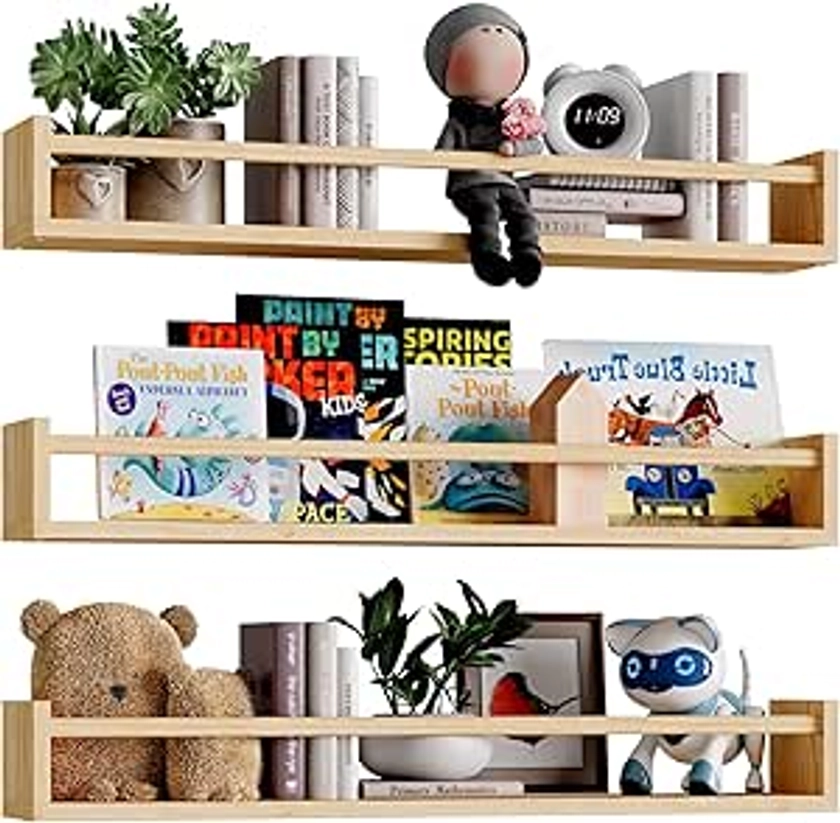 Amazon.com: Fixwal Nursery Book Shelves, 23.6 Inch Floating Bookshelves for Wall Set of 3, Baby Nursery Decor, Solid Wood Wall Mounted Shelves for Books, Toys and Decor Storage (Natural Wood) : Home & Kitchen