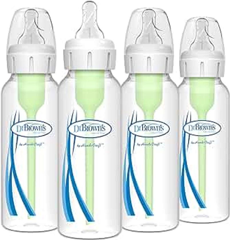 Dr. Brown's Natural Flow Anti-Colic Options+ Narrow Baby Bottle, 8 oz/250 mL, with Level 1 Slow Flow Nipple, 0m+, 4 count