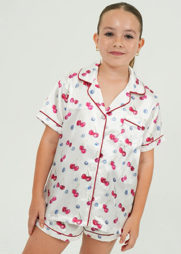 Girls Cherries and Berries Satin Short Pyjama Set