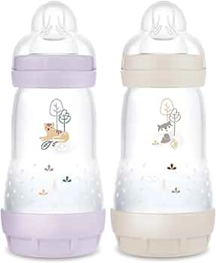 MAM Lot de 2 biberons Easy Start Anti-Colique 2+ mois débit moyen (2 x 260 ml) Lilas + Sable – Biberon pour réduire les coliques et l'inconfort de bébé – Biberon bébé compatible avec l'allaitement