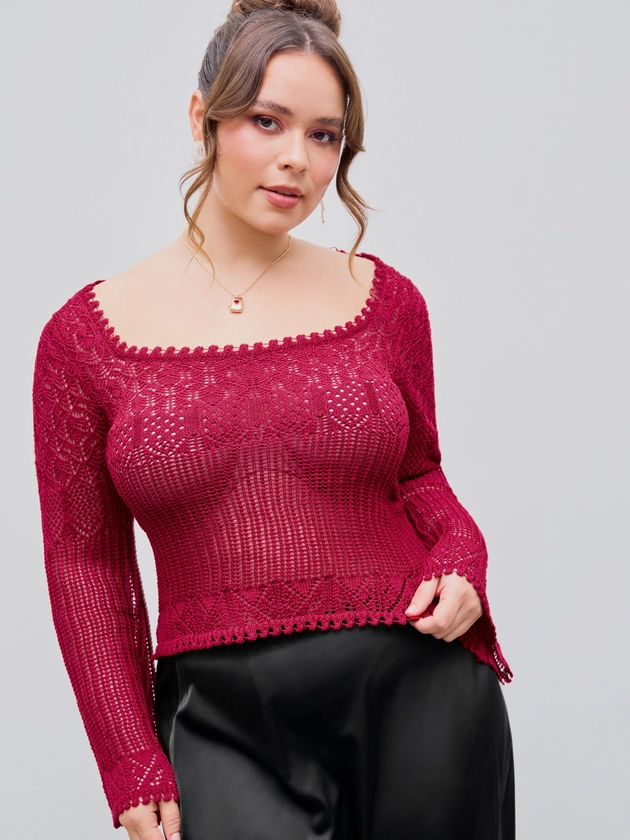 Knit Square Neck Hollow Out Long Sleeve Sweater Curve & Plus For Party/Clubbing Vacation
