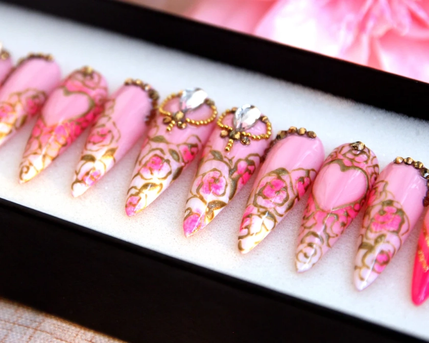 Rosé Ombre Press on Nails Hand Painted Kawaii Nails Long Stiletto Nails Festive Nails Fun Nails Pink Nails V115 - Etsy