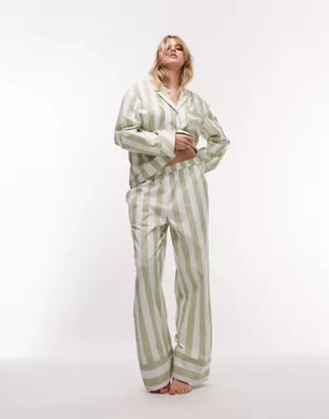 Topshop - Ensemble de pyjama en coton rayé avec pantalon et chemise à liserés - Sauge | ASOS