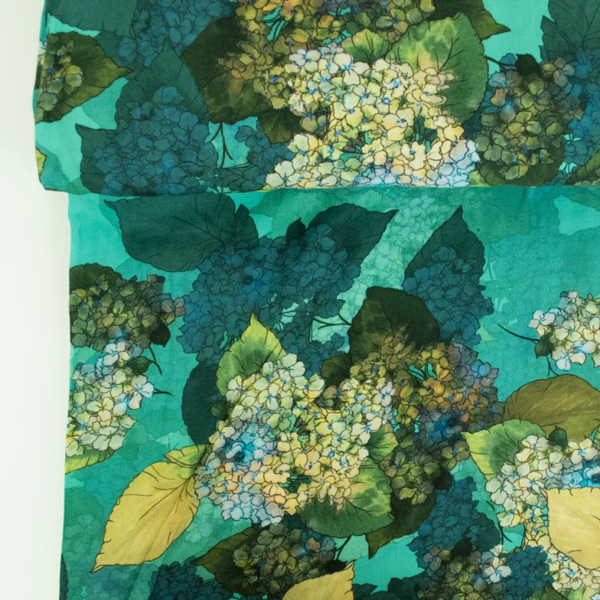 Lady McElroy - Viscose Challis Lawn - Hydrangea In Bloom - Turquoise