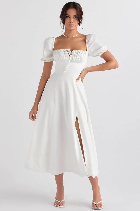 Clothing : Midi Dresses : 'Tallulah' White Puff Sleeve Midi Dress 