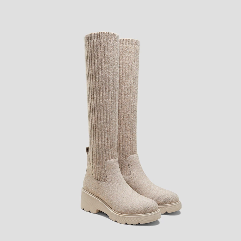 Round-Toe Knee-High Platform Chunky Wedge Boots (Eduarda), Oatmilk, EU35 | VIVAIA