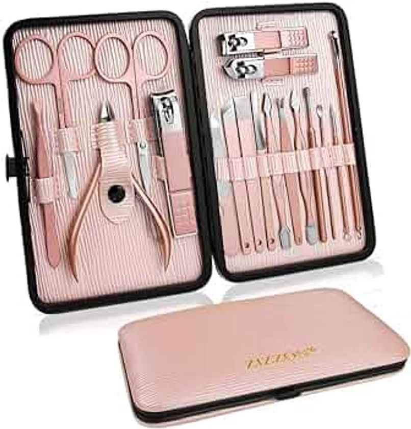 ZIZZON Manicure Set 18 in 1 Professional Pedicure Set Nail scissors Grooming Kit with Leather Travel Case Pink