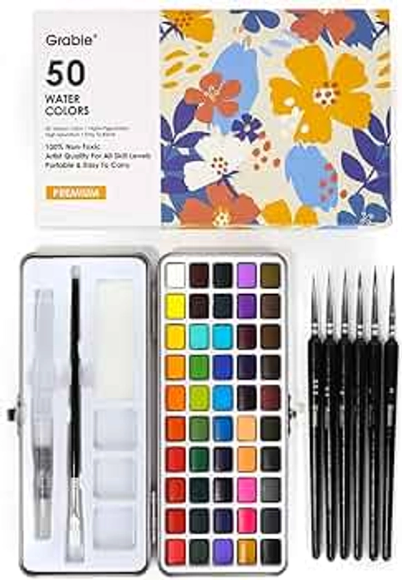 Grabie Watercolor Paint Set, Great for Painting, 50 Colors, Detail Paint Brush Included, Art Supplies, for Artists, Amateur Hobbyists and Painting Lovers