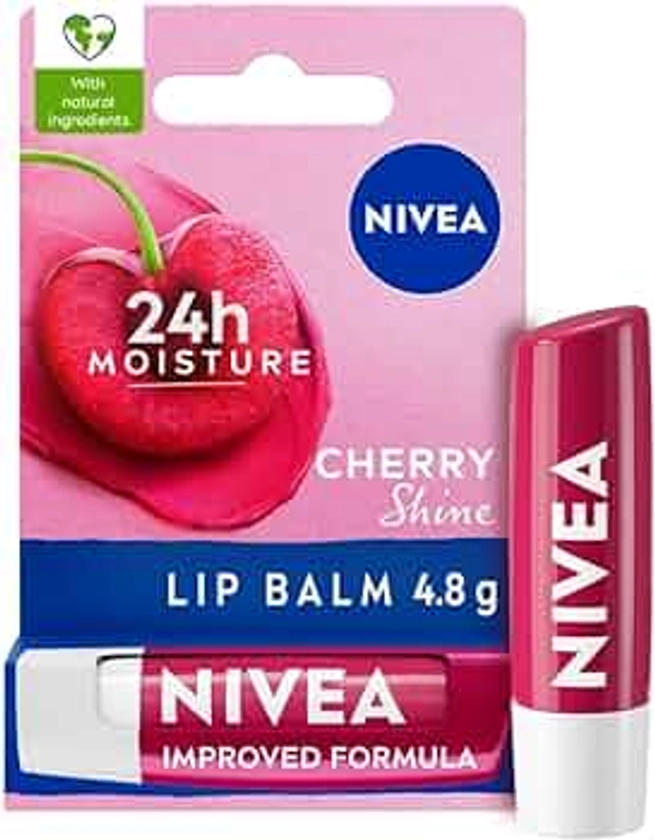 NIVEA Cherry Shine Lip Balm (4.8g), Flavoured Lip Balm with Shea Butter, Natural Oils and Vitamins, Provides 24h Moisture and a Soft Red Shine, Vegan Lip Care Formula