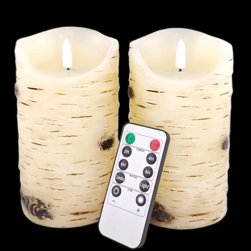 Flameless Candles LED Candles Birch Bark Effect Set of 2 (D:3.25" X H:6") Ivory Real Wax Pillar Battery Operated Candles with Dancing LED Flame 10-Key Remote Control and Cycling 24 Hours Timer…