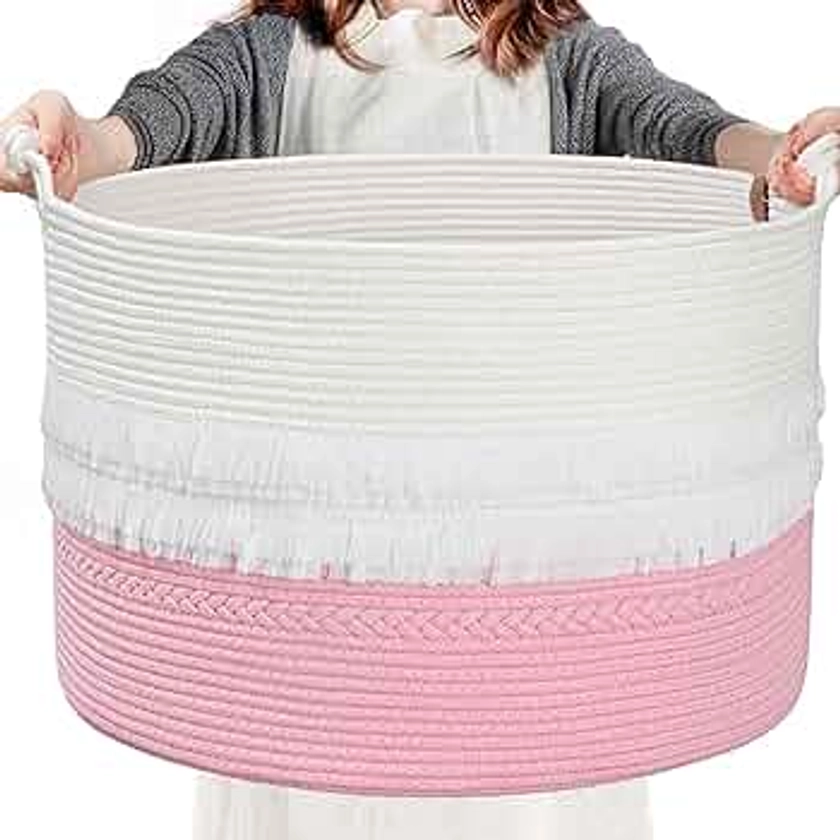 CherryNow Baby Laundry Basket Pink Gift Basket Empty to Fill, Large Toy Basket for Nursery, Decorative Basket for Living Room, Big Rope Basket for Towels, Blankets, 22 x 14 inches