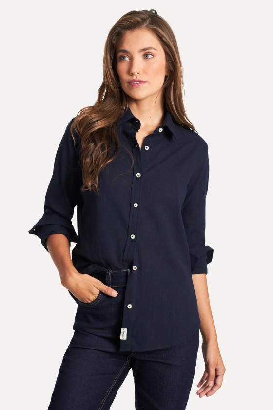 Camisa Manga Longa Unicolor Azul Marinho Feminina - Simples Reserva