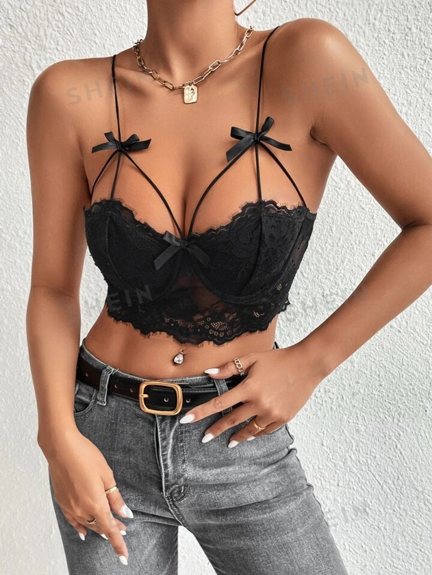 SHEIN Unity Top de tirantes bustier con lazo delantero con encaje de pestaña