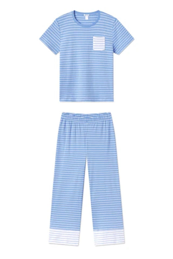 Pima Wide Leg Pajama Set in Mixed Baltic Blue Stripe