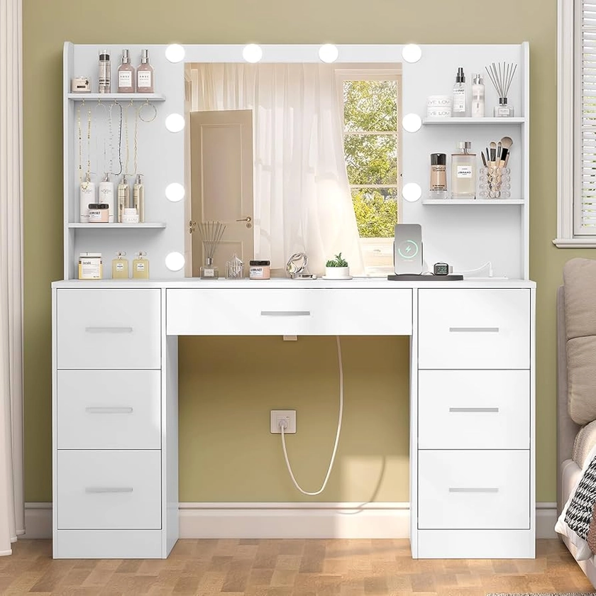 Large Makeup Vanity, 43.3" Vanity Desk with Mirror and Lights, Makeup Vanity Table with 7 Drawers, 4 Shelves, 5 Jewel Hooks & Power Strip, Vanity Desk Set for Bedroom, White