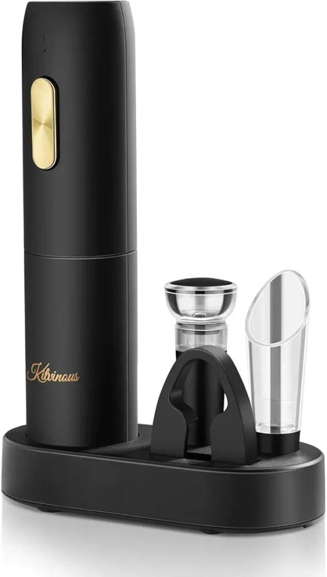 Electric Wine Opener Set with Charging Base, Reusable Automatic Wine Bottle Opener with LED Light, Portable Corkscrew with Pour & Preserver Vacuum Stopper, Black