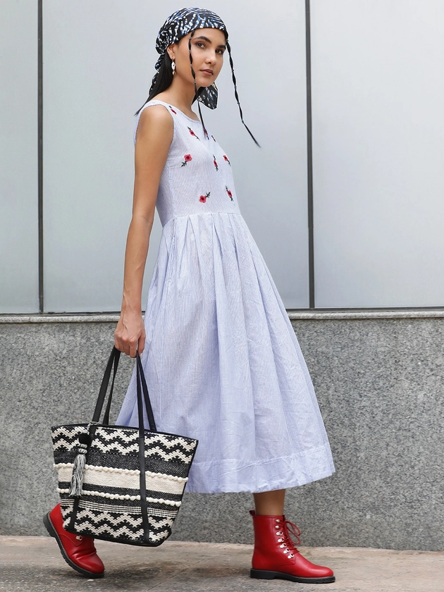 Tokyo Talkies Blue & White Cotton Midi Dress