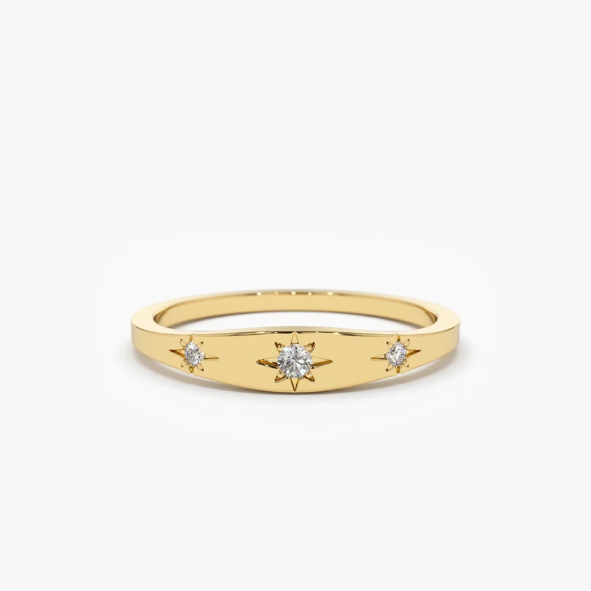 14K Gold Star Setting 3 Diamond Stacking Ring