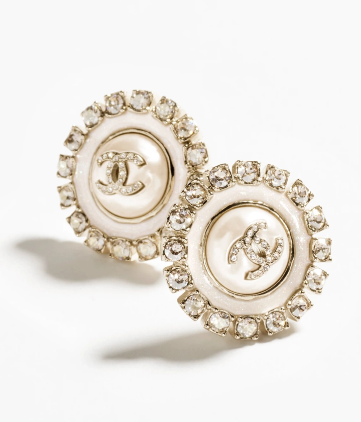 Stud earrings - Metal, resin, glass pearls & diamantés, gold, green & crystal — Fashion | CHANEL