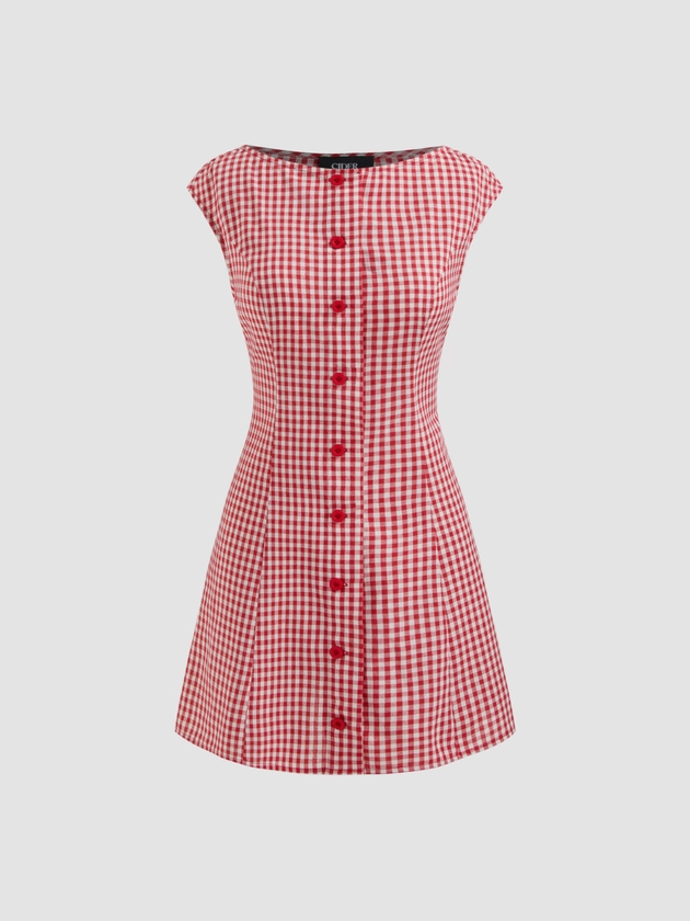 Woven Cotton Cotton-blend Boat Neckline Gingham Button Mini Dress For Date Picnic