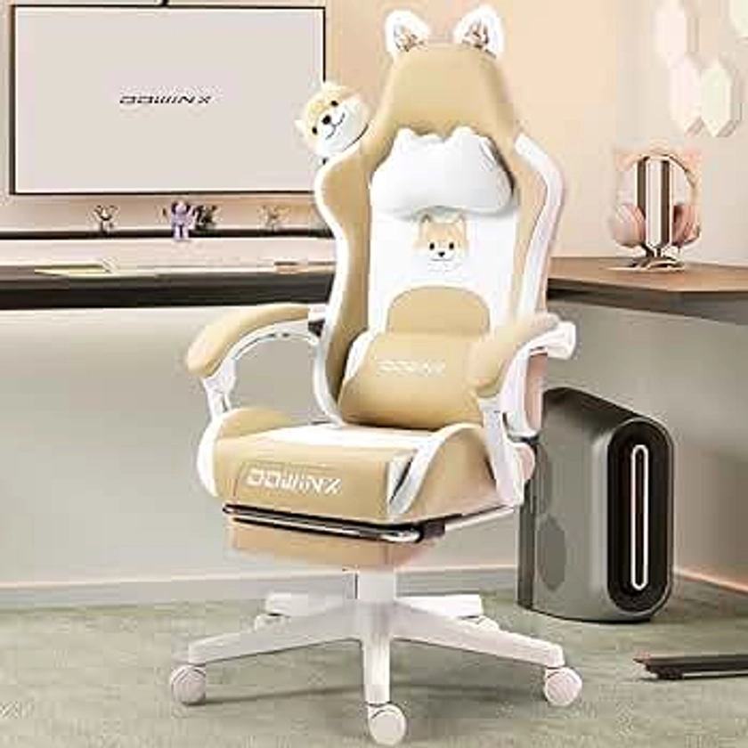 Dowinx Gaming Chair Cute with Plush Doggy and Massage Lumbar Support, Ergonomic Computer Chair for Girl with Footrest and Headrest, Comfortable Game Chair 290lbs for Adult, Teen, White and Khaki