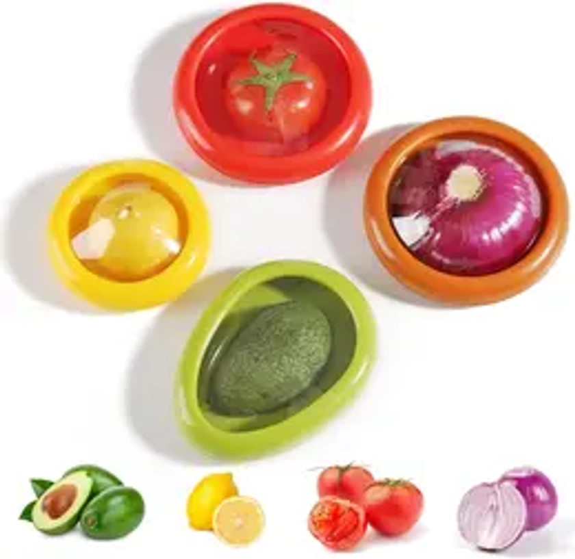 4 Pcs Vegetable and Fruit Storage Containers for Fridge, Refrigerator Vegetable Crisper Makes Food Stays Fresh Longer, BPA Free & Reusable, Ideal Avocado Lemon Tomato and Onion Keeper/Saver/Holder