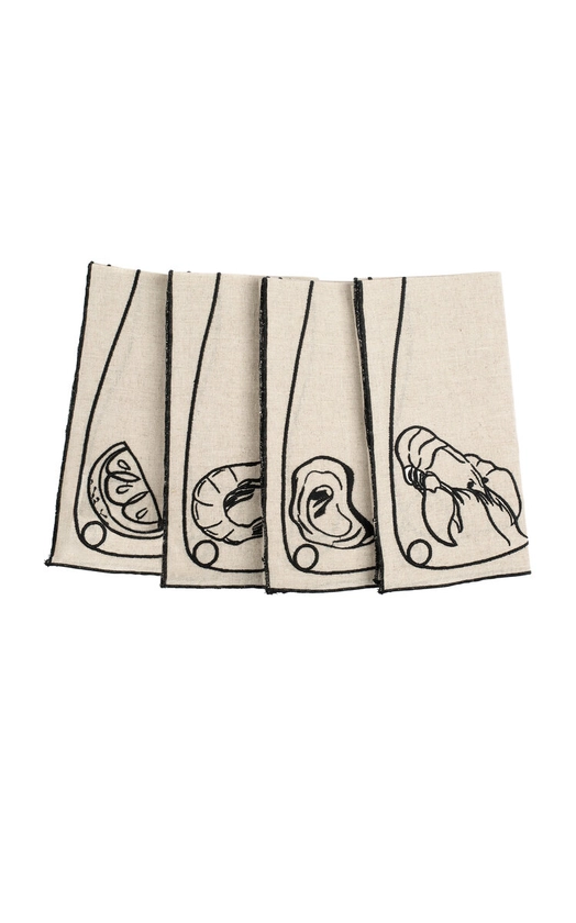 Set-of-Four Line Drawing Embroidered Linen Napkins