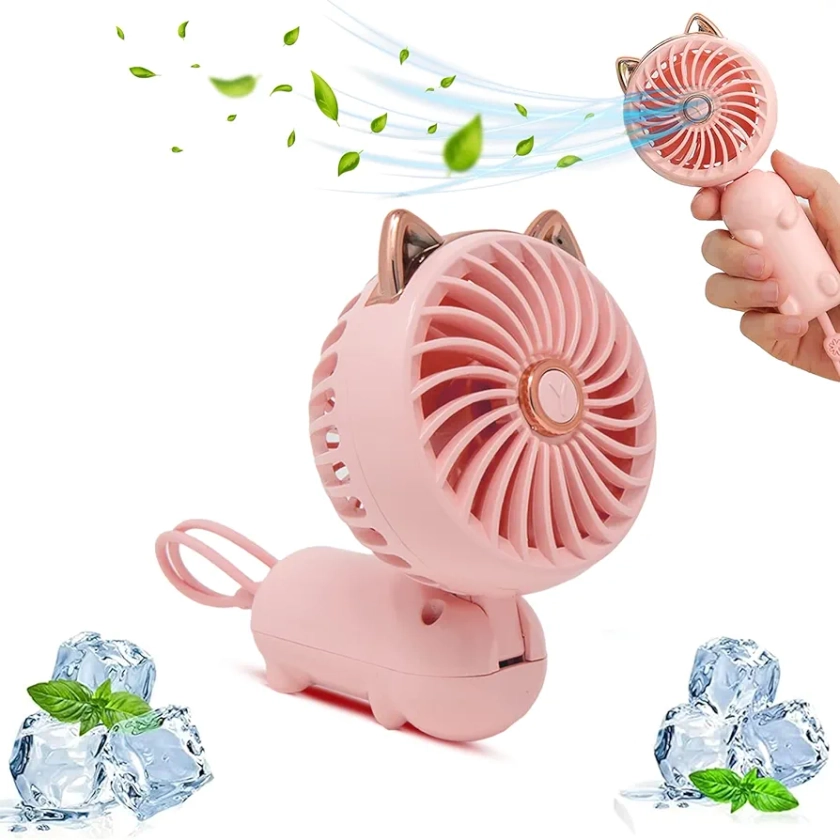 ELVYNIA Portable Hand Held Fan with Cat Ears – Mini Fan with USB Rechargeable Battery | Foldable Small Fan with 3 Speeds Levels & Wrist Band for Home Office | Cute Foldable Travel Handheld Fan (Pink)