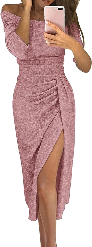 BTFBM Women Off Shoulder Bodycon Dresses Long Sleeve Ruched Slit Glitter Ball Gown Cocktail Party Evening Maxi Dress