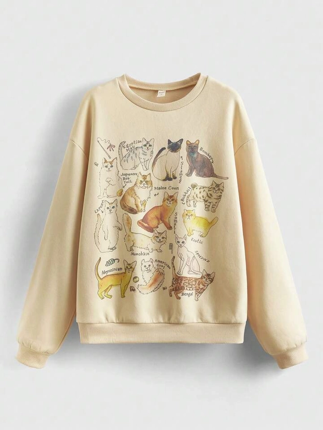 JOLLY by Jiajia Retro Cat Round Neck Fleece Sweatshirt