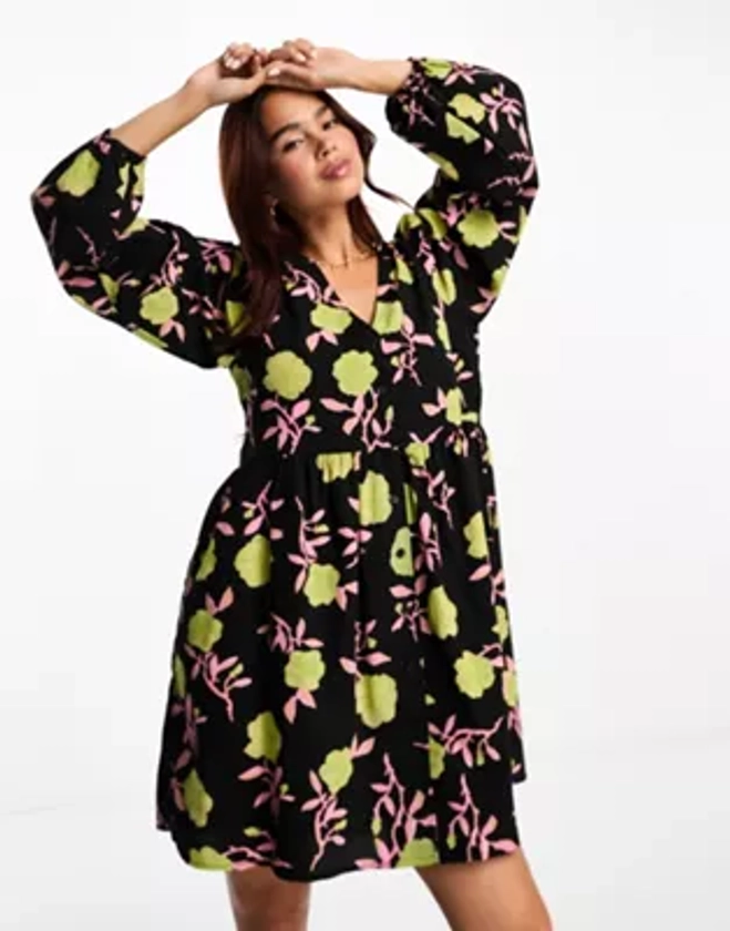 Monki button up mini dress with puff sleeves in black rose print | ASOS