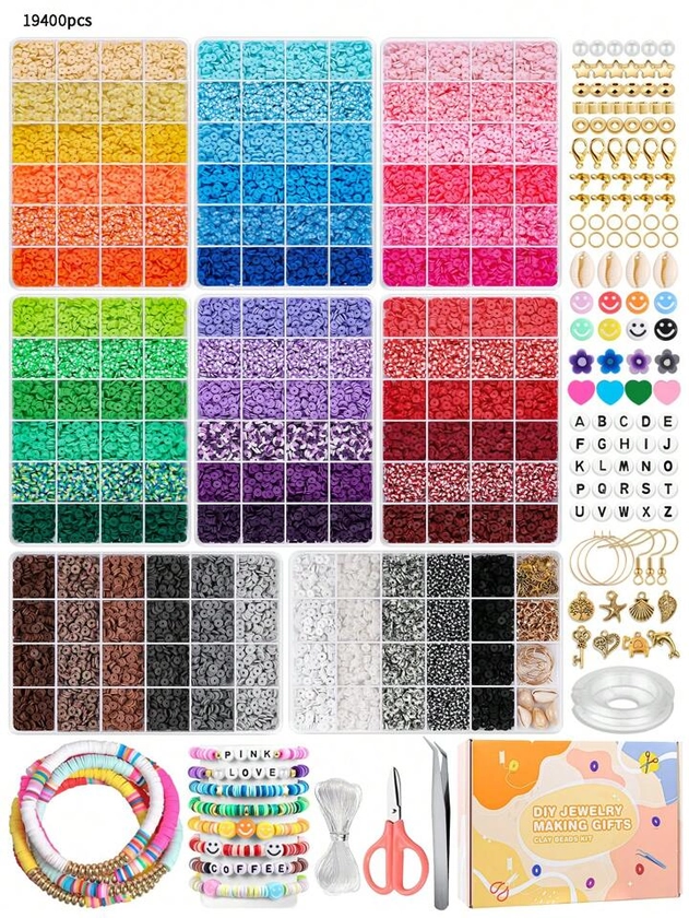 19400pcs/4800pcs Clay Bead Bracelet Making Kit, Preppy Flat Polymer Beads Jewelry Making Kit, With Charm And Elastic Cord, Girls' Craft Gift Set