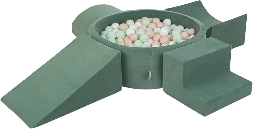 KiddyMoon Velvet Aire De Jeux en Mousse avec Rond Piscine À Balles pour Enfants Piscine (300 Balles), Vert Forêt: Beige Pastel/Blanc/Menthe