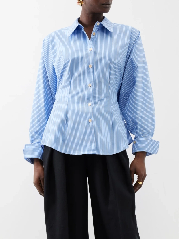 Solo exaggerated-sleeve striped cotton shirt