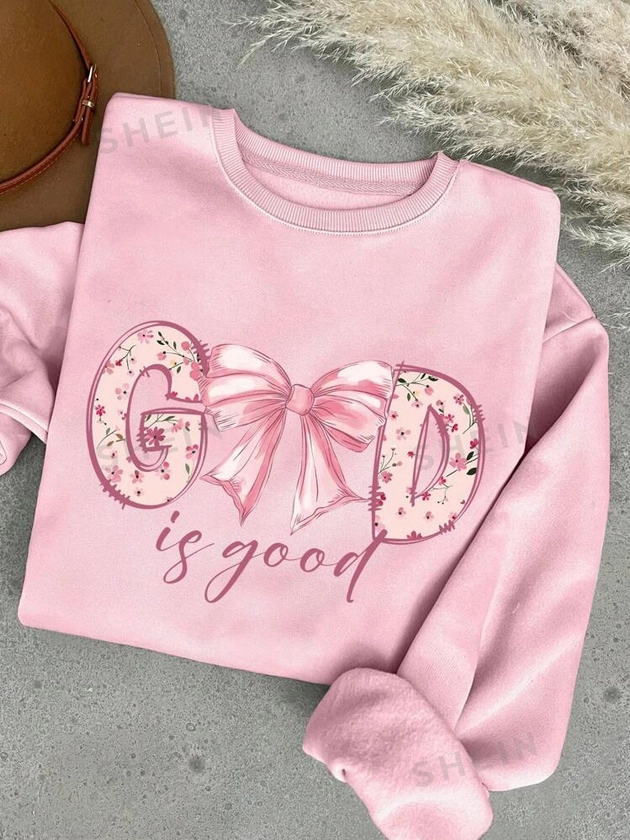 SHEIN EZwear Casual Simple Ditsy Floral Bow "God Is Good" Print Pattern Pink Round Neck Thick Fleece Loose Fit Women Hoodie Sweatshirt For Winter | SHEIN USA