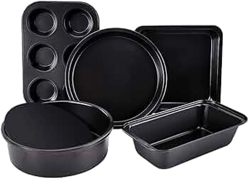 Baking Pans 5-Piece Nonstick Bakeware Set with Muffin Pan, Round/Square Cake Pan, Loaf Pan, Round Removable Bottom Cake Pan, Baking Supplies Kitchen Cookware Sets Baking Sheets for Oven