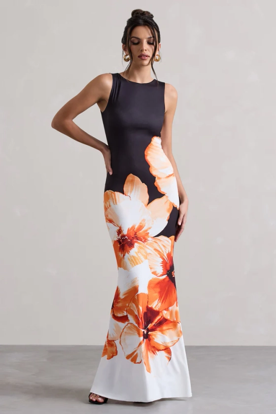 Micah | Black & Orange Floral Print Racer-Neck Maxi Dress