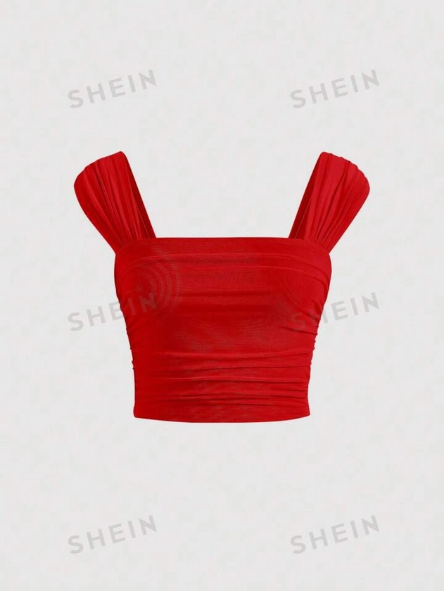 SHEIN MOD Solid Ruched Wide Straps Elasticity Mesh Date Night Red Cropped Top | SHEIN USA
