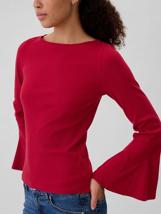 Ribbed Boatneck Bell Sleeve T-Shirt