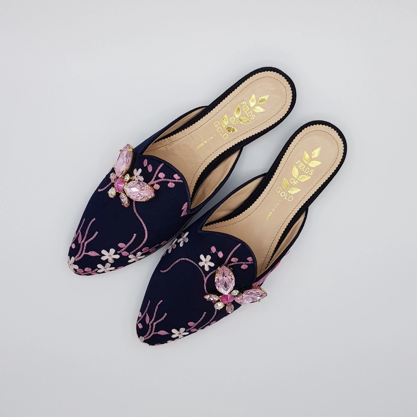 Blue Embroidered Mules with Swarowsky Crystal Butterfly — FIELDS OF GOLD