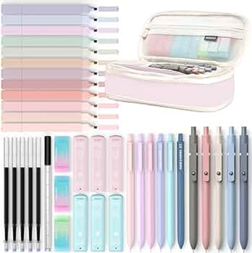 Four Candies 39 PCS Aesthetic School Supplies with Cute Pen Case, 12 Pastel Highlighters, 5 Black Ink Gel Pens, 6 Mechanical Pencils Set 0.5 & 0.7 mm for Students Stationary College Essentials (Pink)
