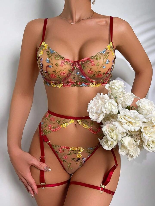 Conjunto de Lingerie Sexy Bordado (Padrão Floral Aleatório)