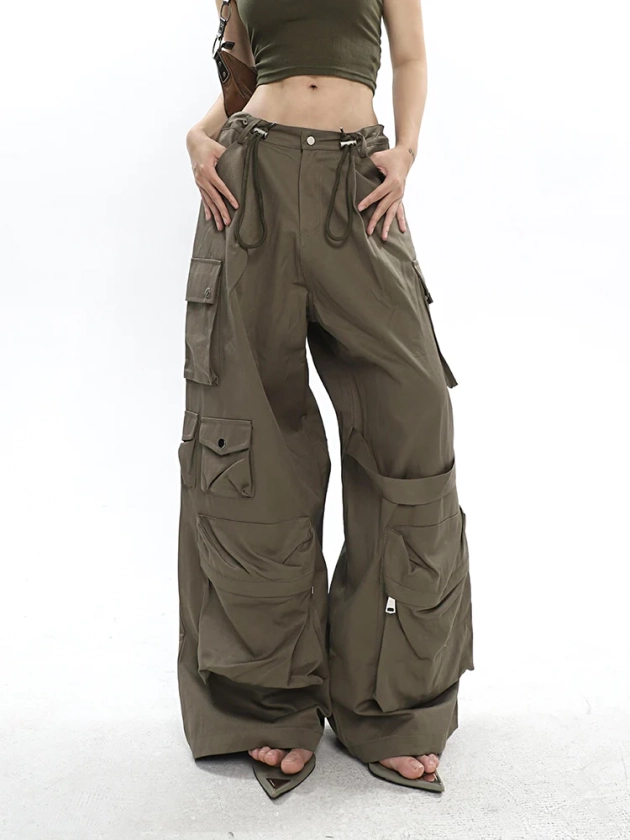 Nial Solid Color Army Green Multi Pocket Wide Leg Cargo Pants