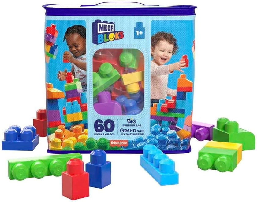 MEGA BLOKS Big Building Bag building set with 60 big and colorful building blocks, and 1 storage bag, toy gift set for ages 1 and up, DCH55