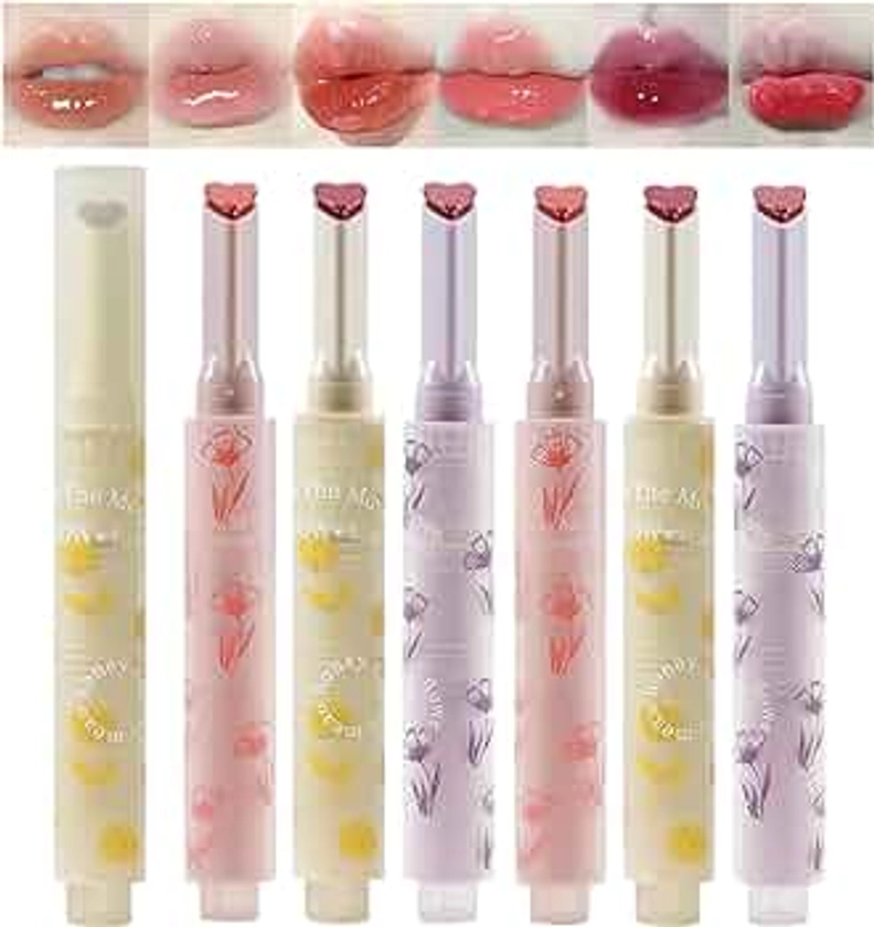 6pcs Flower Jelly Lipstick Set, 6 Colors Heart Shape Moisturizing Lip Glaze, Glossy Hydrating Lip Gloss, Mirror Effect Lip Balm Makeup Pen for Fuller Lips