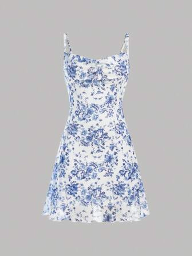 SHEIN Teen Girl Elegant Spaghetti Strap Dress With Floral Print And Mesh Overlay For Summer