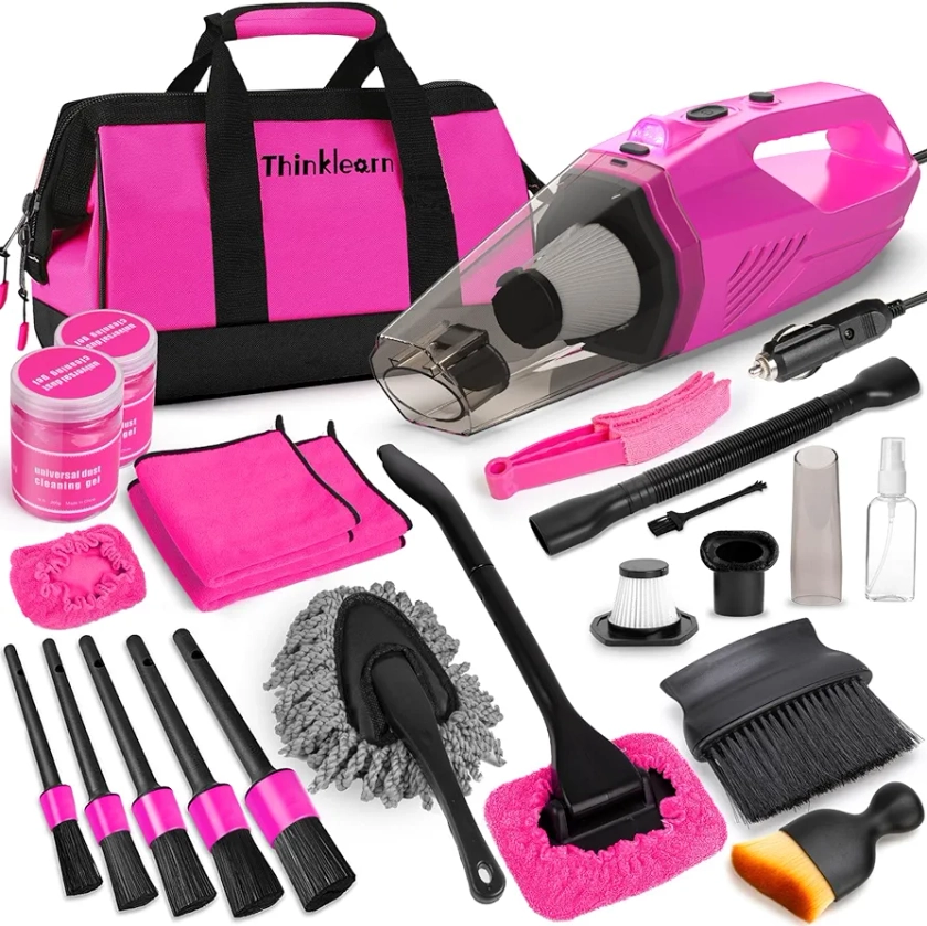 ThinkLearn Car Vacuum Detailing Kit, Interior Car Cleaning Kit with High Power Handheld Vacuum and 7Pcs Detailing Brush Set, Well-Designed Women's Pink Car Accessories Bag