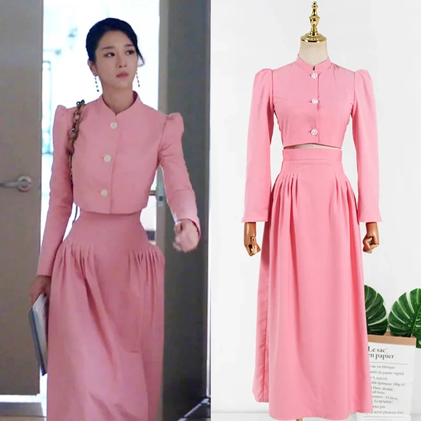 Kpop Seo Yea Ji misma moda de verano, corta Camisa de manga larga rosa, tops + falda de cintura alta elegante suelta, conjunto de dos piezas para mujer